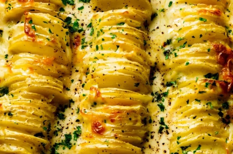Deliciously creamy and cheesy scalloped potatoes baked to perfection.