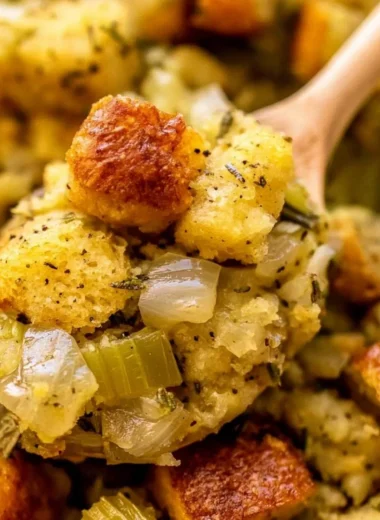 Bowl of classic stuffing with buttery bread cubes and sautéed onions and celery