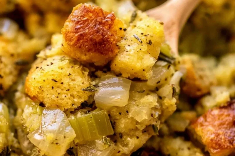 Bowl of classic stuffing with buttery bread cubes and sautéed onions and celery